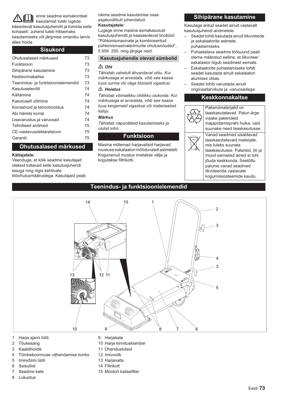Sisukord ohutusalased märkused, Funktsioon sihipärane kasutamine keskkonnakaitse, Teenindus- ja funktsioonielemendid | Karcher BR 45-10 ESC User Manual | Page 73 / 88