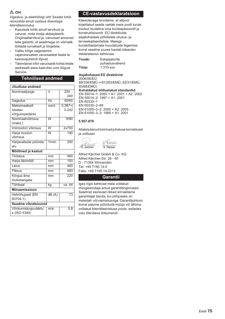 Tehnilised andmed, Ce-vastavusdeklaratsioon, Garantii | Karcher BR 45-10 ESC User Manual | Page 75 / 88