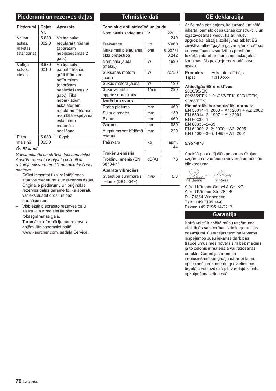 Piederumi un rezerves daƺas, Tehniskie dati, Ce deklarɨcija | Garantija | Karcher BR 45-10 ESC User Manual | Page 78 / 88