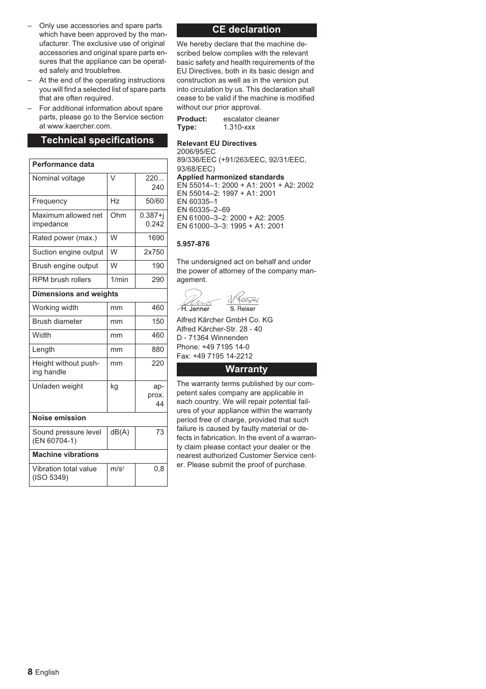 Technical specifications, Ce declaration, Warranty | Karcher BR 45-10 ESC User Manual | Page 8 / 88