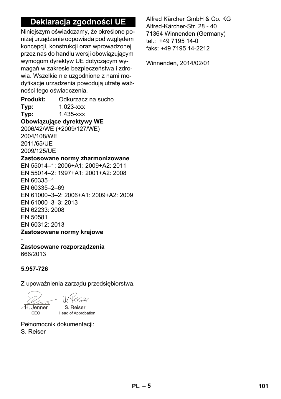 Deklaracja zgodności ue | Karcher CV 30-1 User Manual | Page 101 / 152