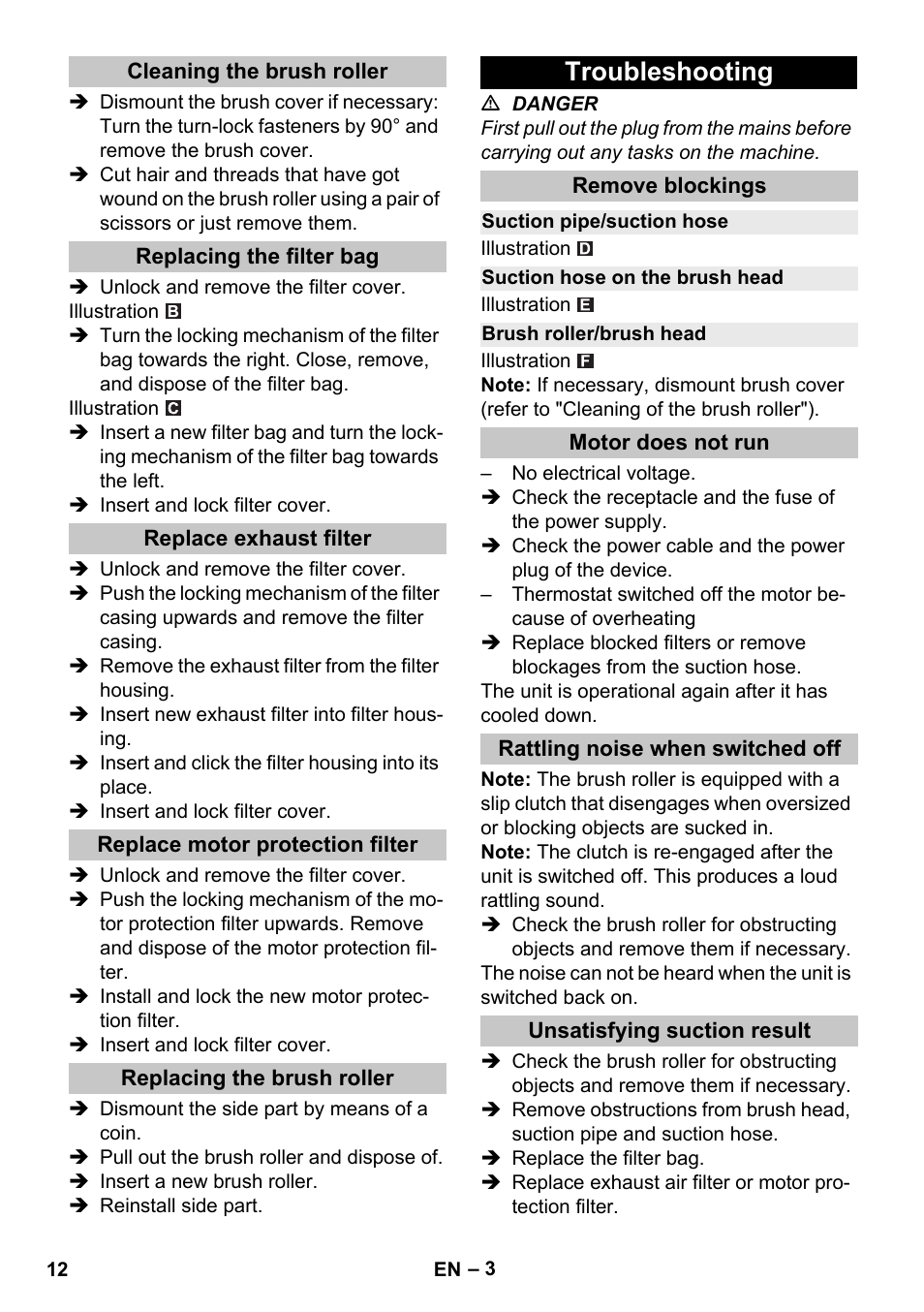 Cleaning the brush roller, Replacing the filter bag, Replace exhaust filter | Replace motor protection filter, Replacing the brush roller, Troubleshooting, Remove blockings, Suction pipe/suction hose, Suction hose on the brush head, Brush roller/brush head | Karcher CV 30-1 User Manual | Page 12 / 152