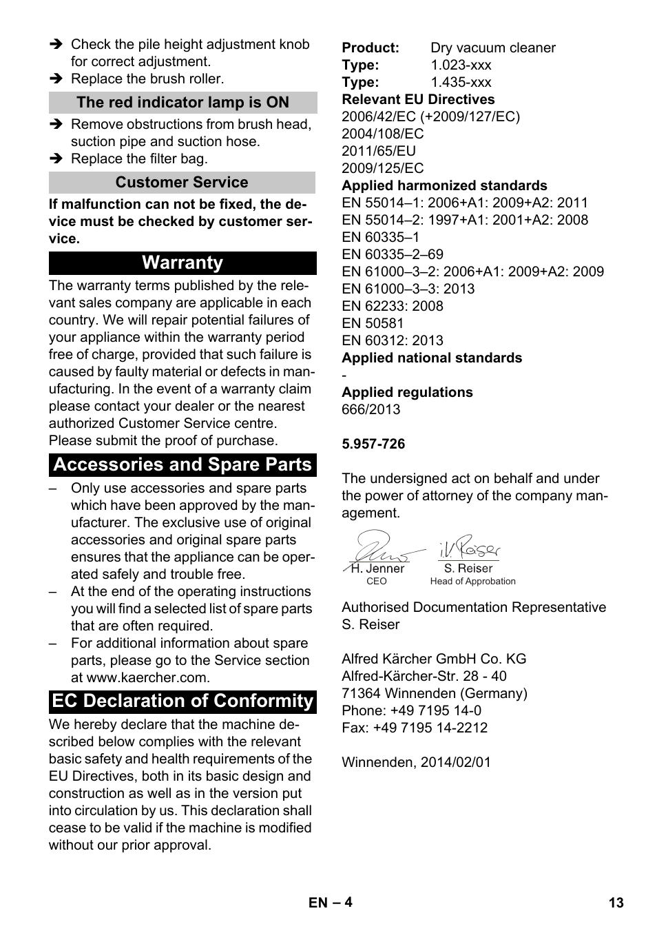 The red indicator lamp is on, Customer service, Warranty | Accessories and spare parts, Ec declaration of conformity | Karcher CV 30-1 User Manual | Page 13 / 152
