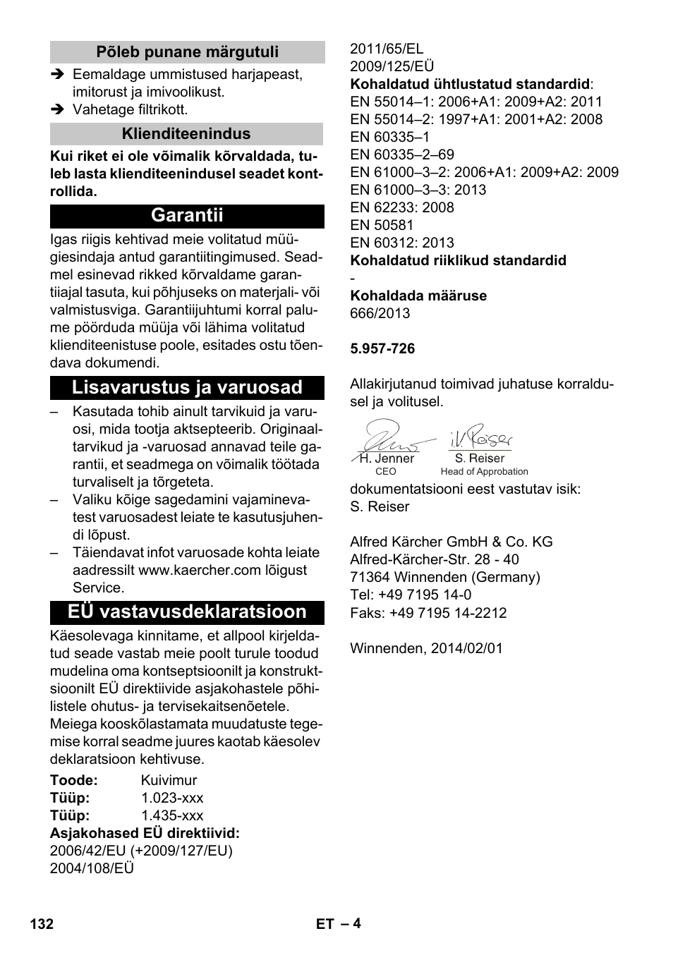 Põleb punane märgutuli, Klienditeenindus, Garantii | Lisavarustus ja varuosad, Eü vastavusdeklaratsioon | Karcher CV 30-1 User Manual | Page 132 / 152