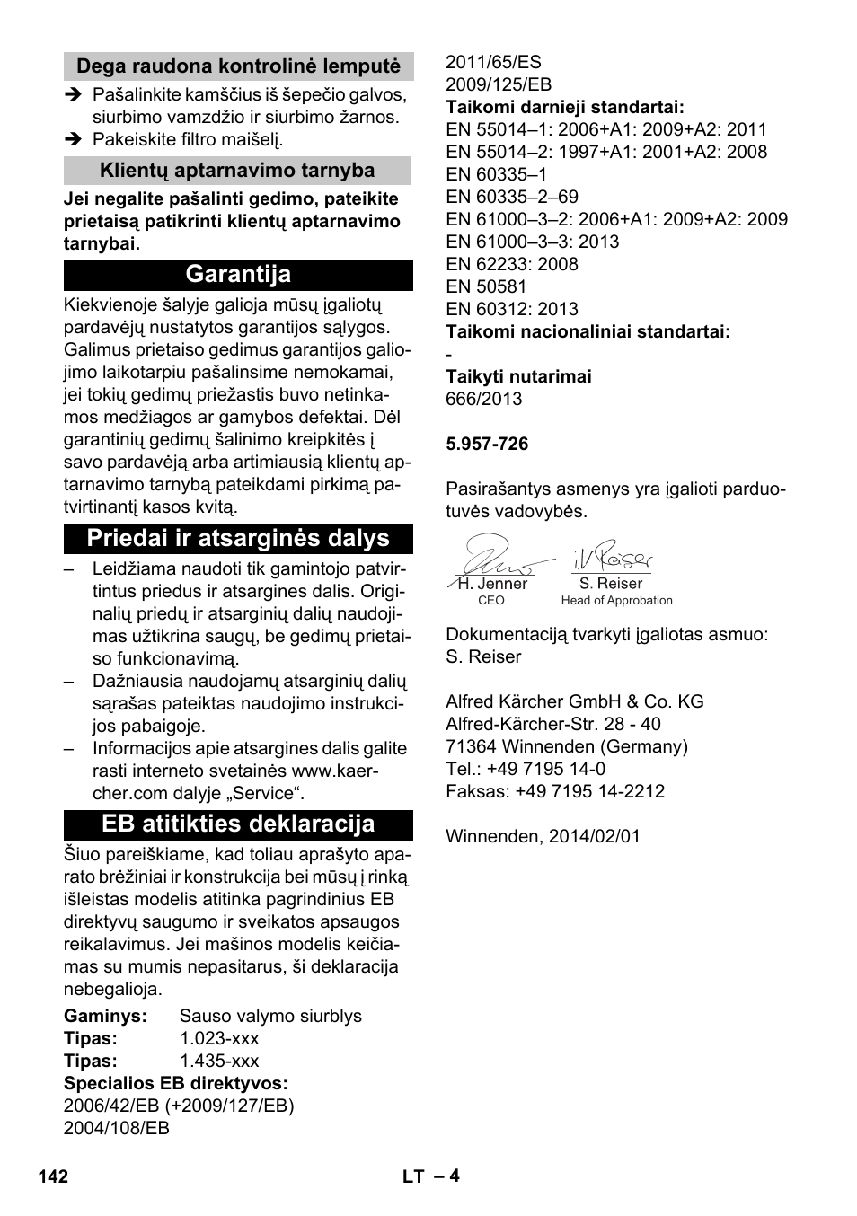 Dega raudona kontrolinė lemputė, Klientų aptarnavimo tarnyba, Garantija | Priedai ir atsarginės dalys, Eb atitikties deklaracija | Karcher CV 30-1 User Manual | Page 142 / 152