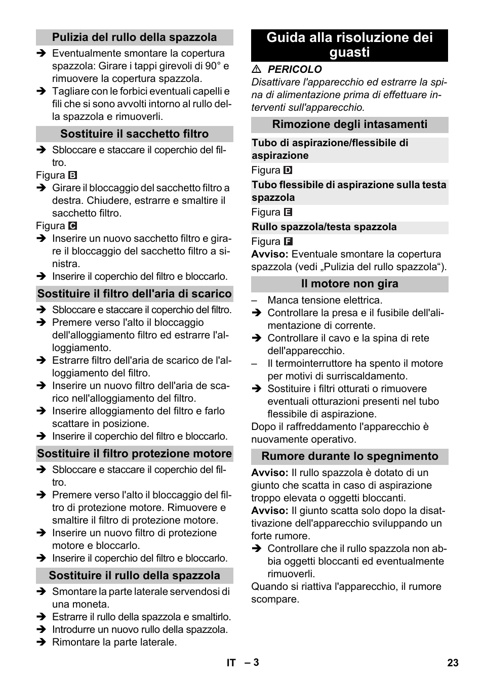 Pulizia del rullo della spazzola, Sostituire il sacchetto filtro, Sostituire il filtro dell'aria di scarico | Sostituire il filtro protezione motore, Sostituire il rullo della spazzola, Guida alla risoluzione dei guasti, Rimozione degli intasamenti, Tubo di aspirazione/flessibile di aspirazione, Rullo spazzola/testa spazzola, Il motore non gira | Karcher CV 30-1 User Manual | Page 23 / 152