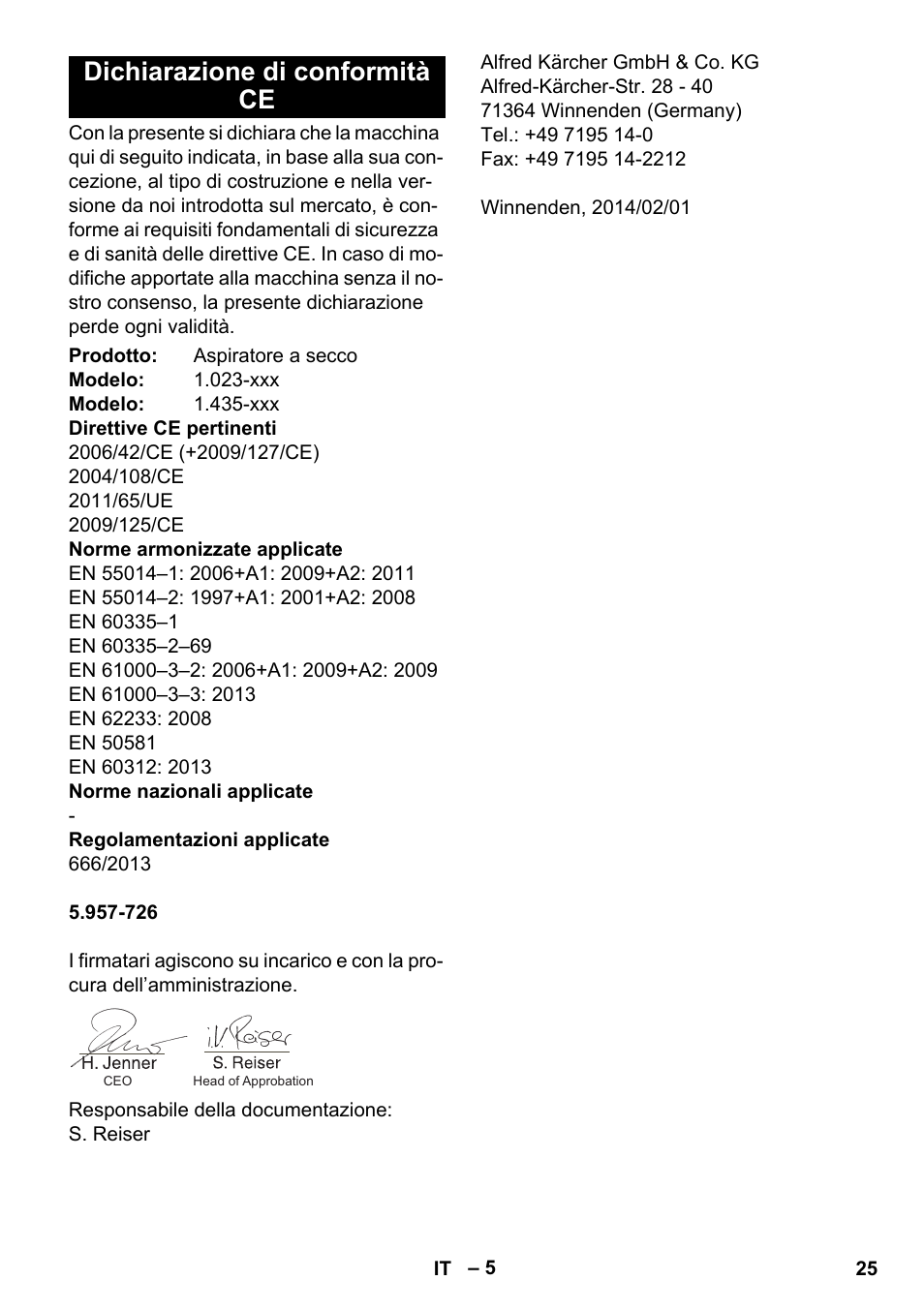 Dichiarazione di conformità ce | Karcher CV 30-1 User Manual | Page 25 / 152