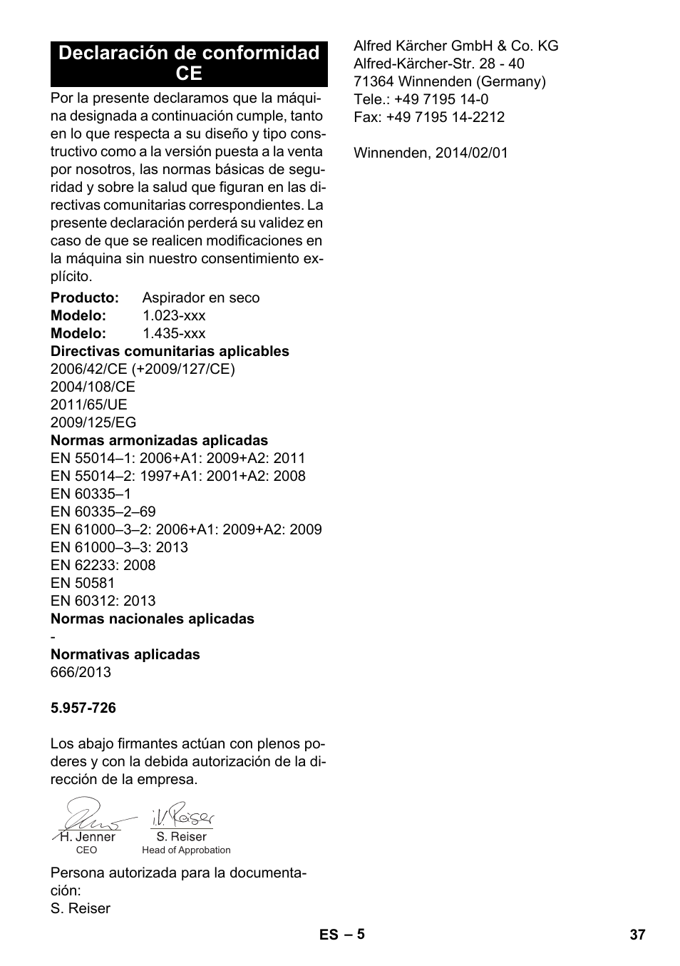 Declaración de conformidad ce | Karcher CV 30-1 User Manual | Page 37 / 152