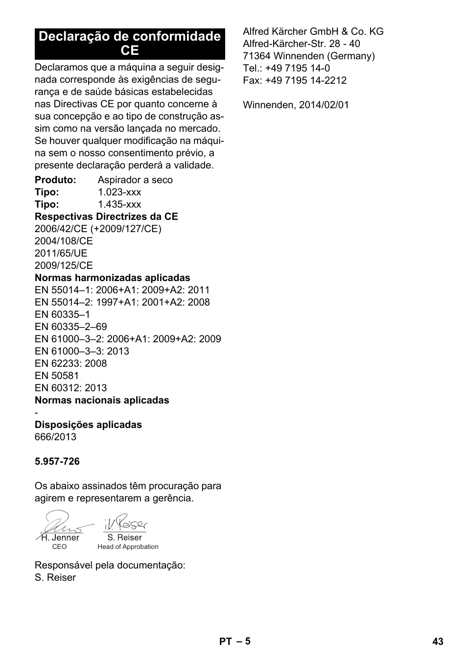 Declaração de conformidade ce | Karcher CV 30-1 User Manual | Page 43 / 152