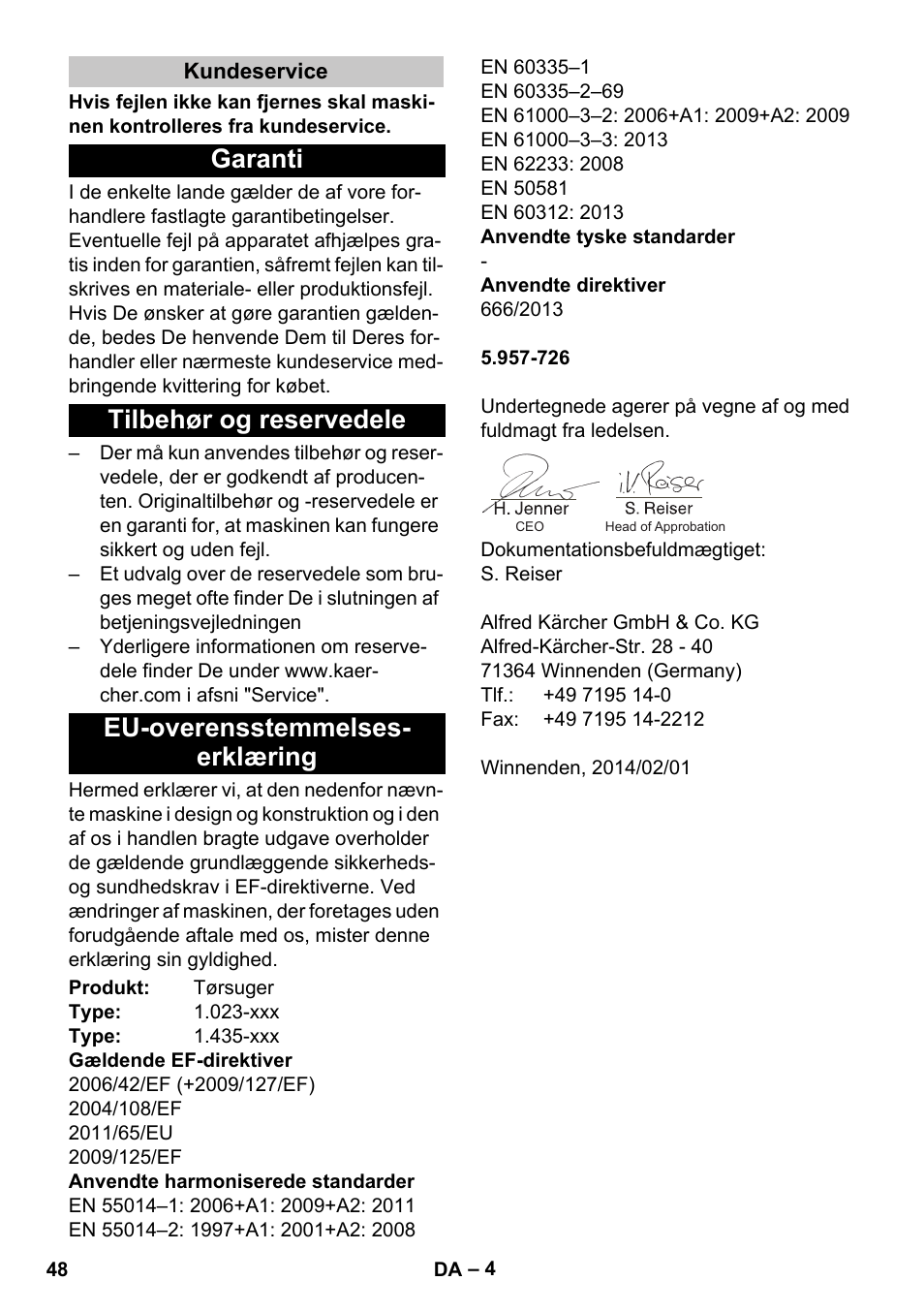 Kundeservice, Garanti, Tilbehør og reservedele | Eu-overensstemmelses- erklæring | Karcher CV 30-1 User Manual | Page 48 / 152