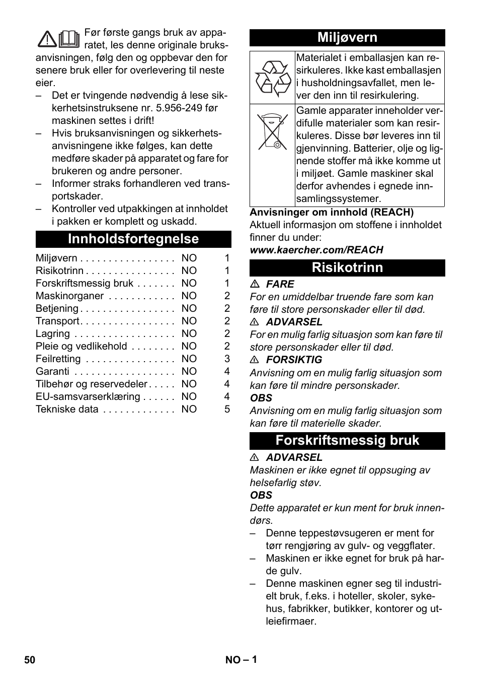 Norsk, Innholdsfortegnelse, Miljøvern | Risikotrinn, Forskriftsmessig bruk, Risikotrinn forskriftsmessig bruk | Karcher CV 30-1 User Manual | Page 50 / 152