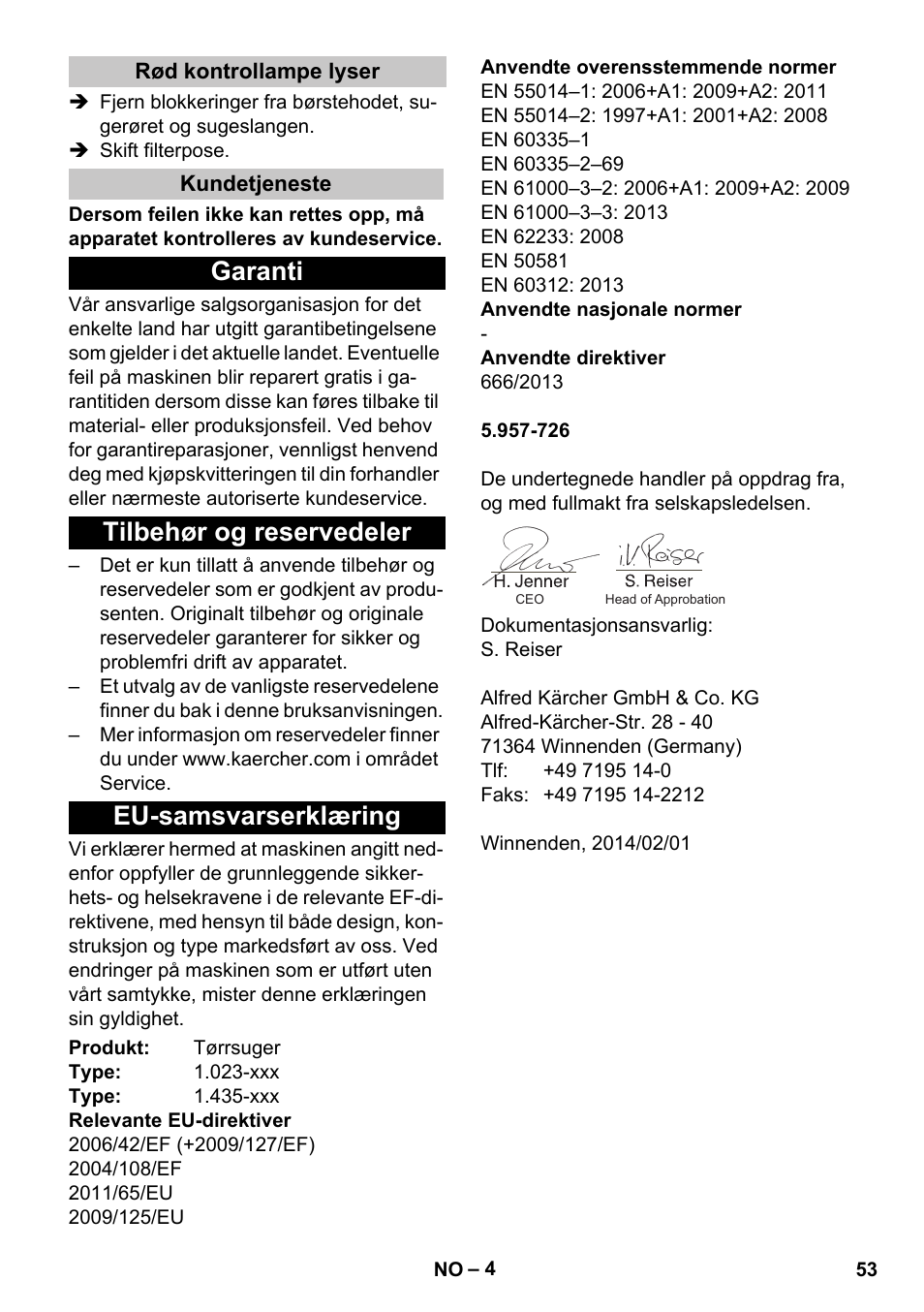 Rød kontrollampe lyser, Kundetjeneste, Garanti | Tilbehør og reservedeler, Eu-samsvarserklæring | Karcher CV 30-1 User Manual | Page 53 / 152