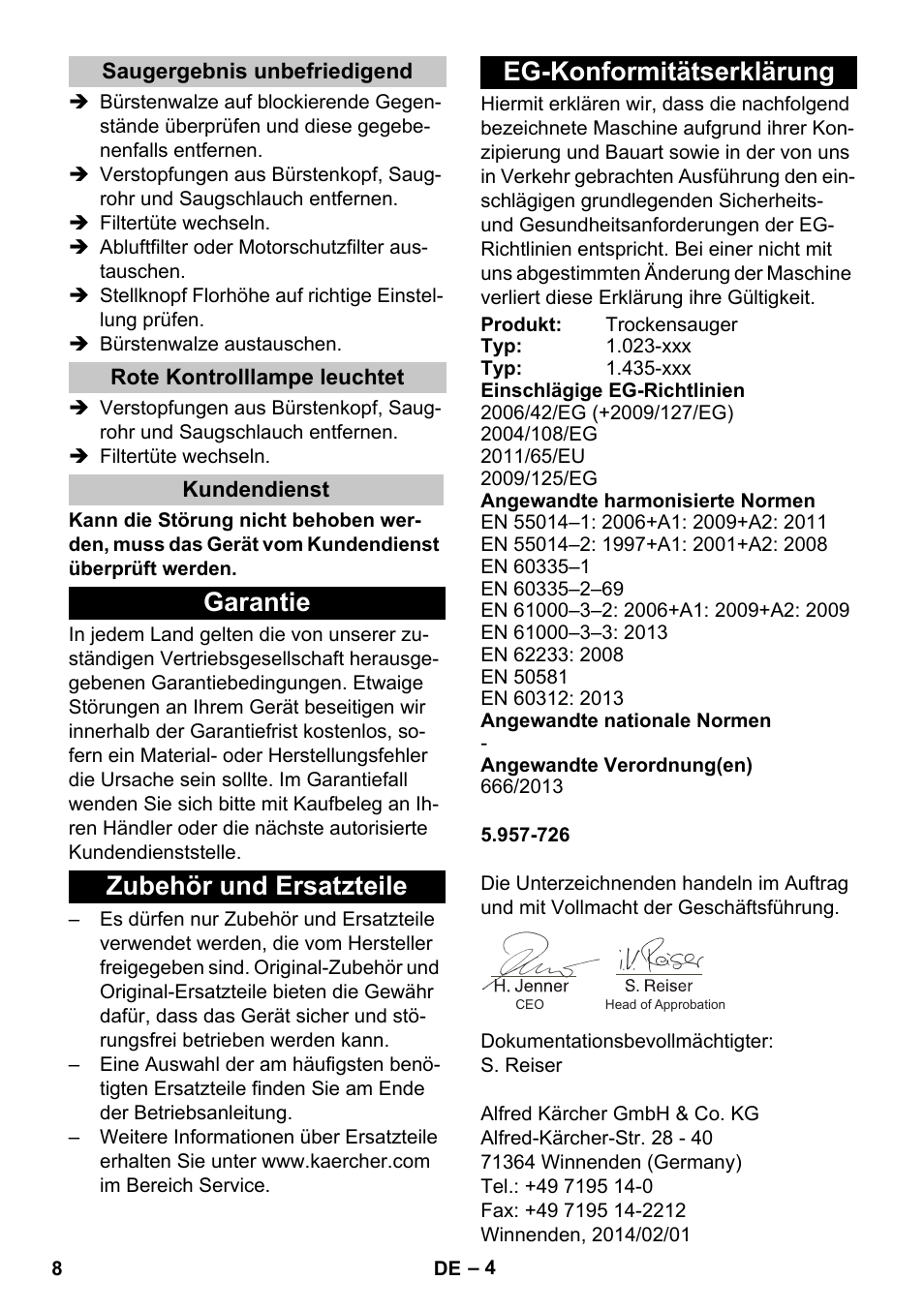 Saugergebnis unbefriedigend, Rote kontrolllampe leuchtet, Kundendienst | Garantie, Zubehör und ersatzteile, Eg-konformitätserklärung | Karcher CV 30-1 User Manual | Page 8 / 152