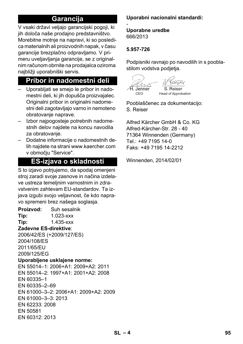 Garancija, Pribor in nadomestni deli, Es-izjava o skladnosti | Karcher CV 30-1 User Manual | Page 95 / 152