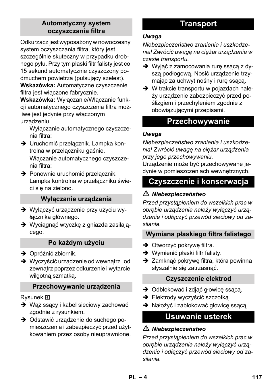 Transport przechowywanie czyszczenie i konserwacja, Usuwanie usterek | Karcher SB V1 Eco User Manual | Page 117 / 184