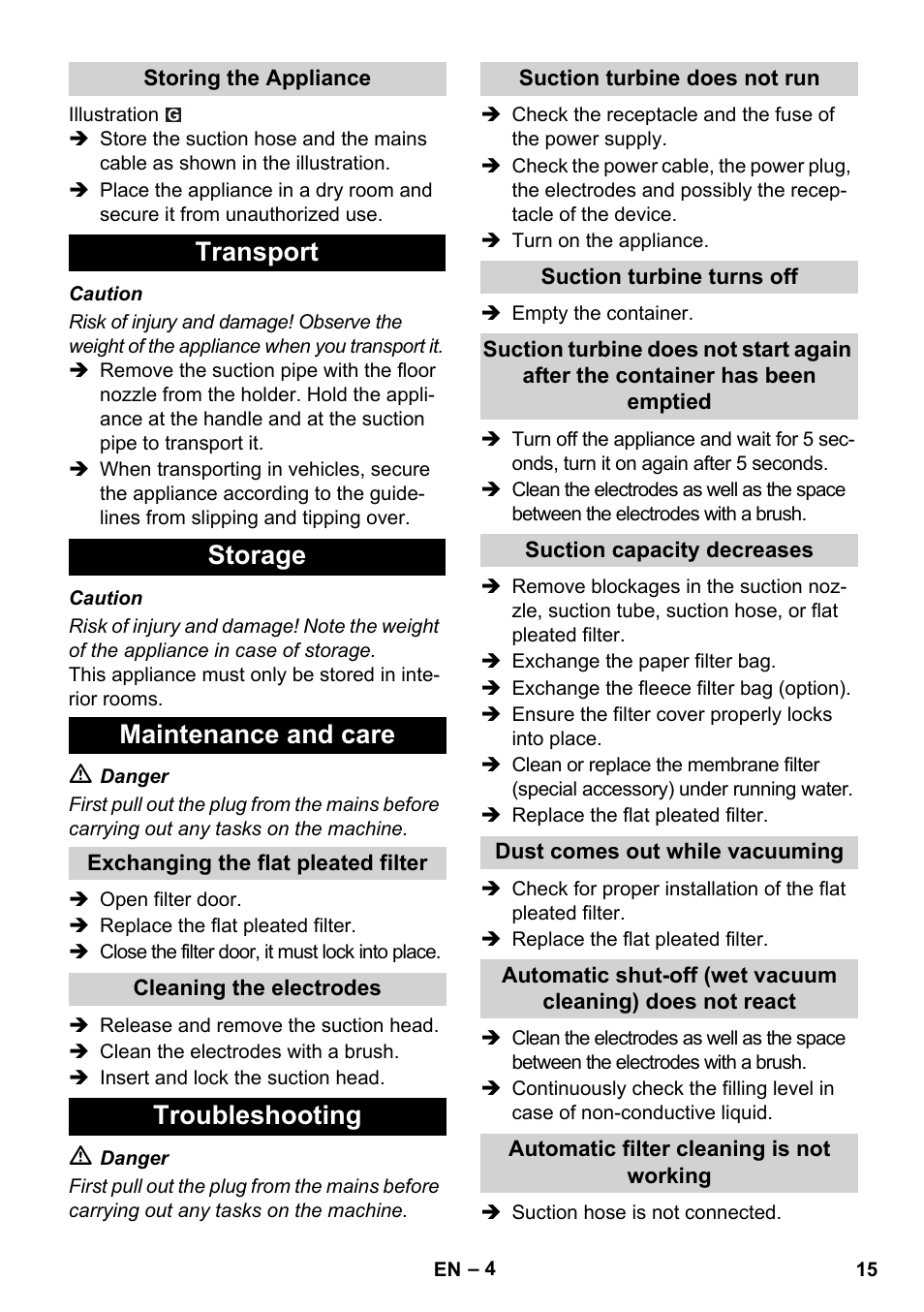 Transport storage maintenance and care, Troubleshooting | Karcher SB V1 Eco User Manual | Page 15 / 184