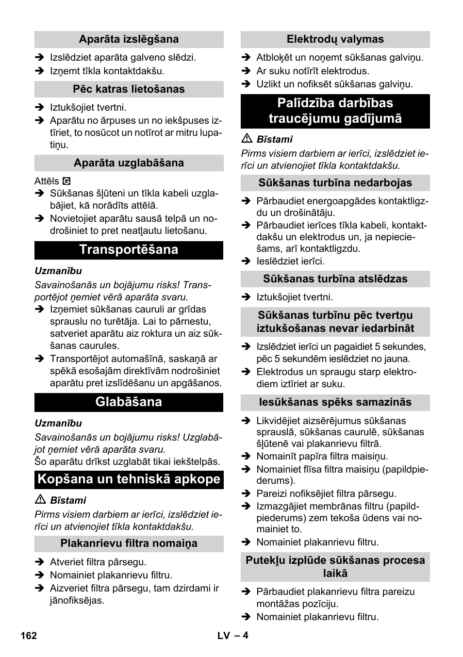 Palīdzība darbības traucējumu gadījumā | Karcher SB V1 Eco User Manual | Page 162 / 184