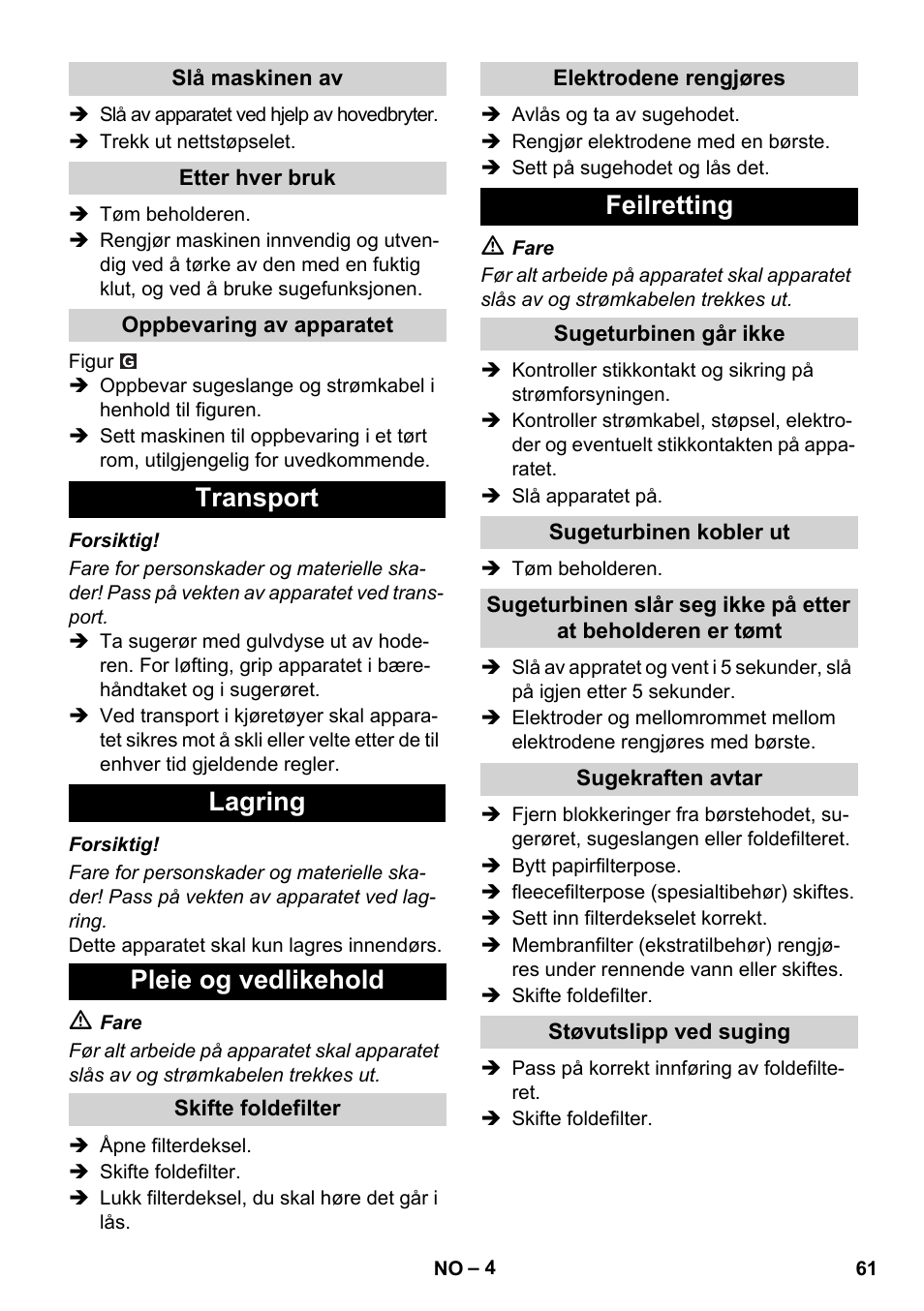 Transport lagring pleie og vedlikehold, Feilretting | Karcher SB V1 Eco User Manual | Page 61 / 184