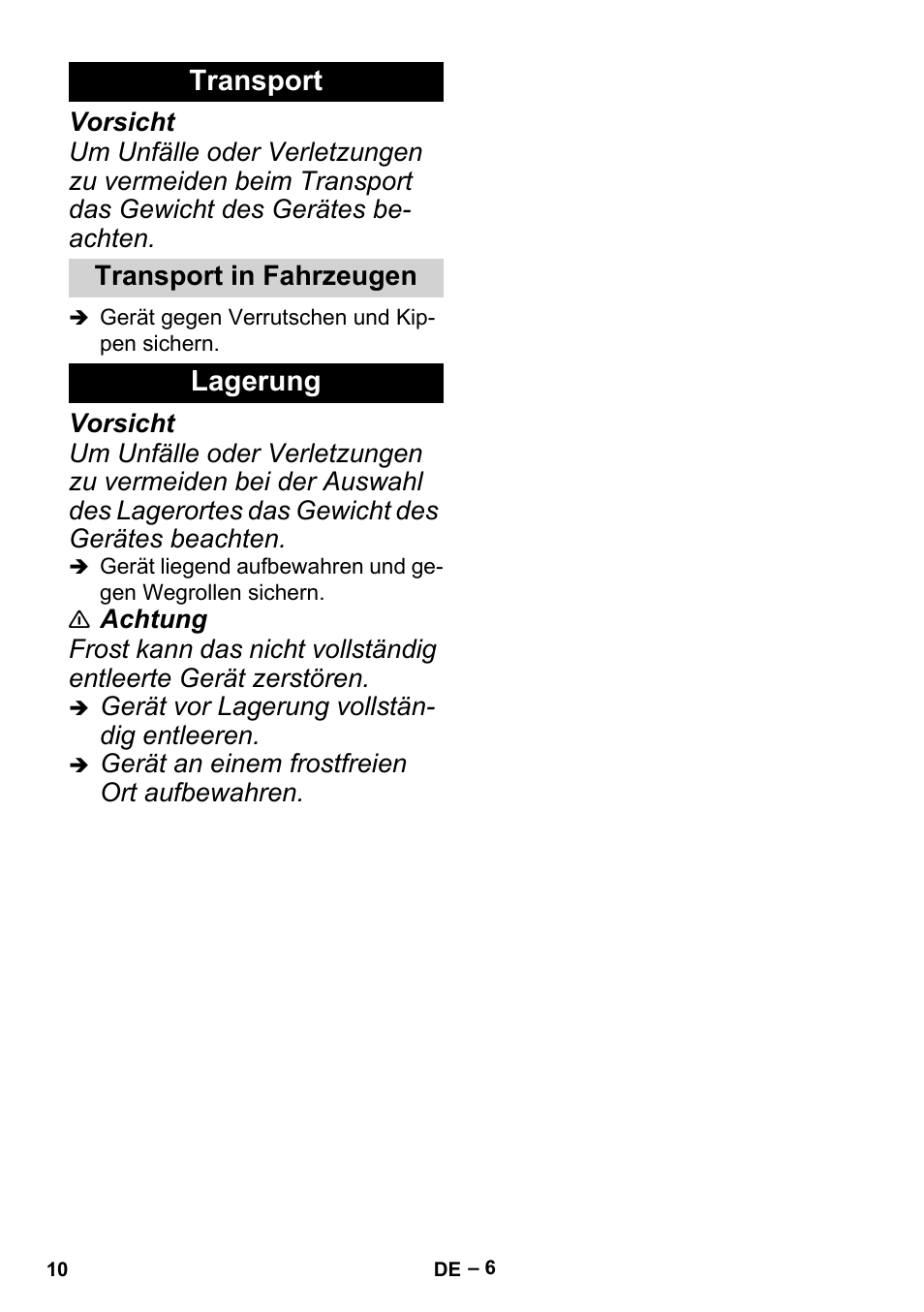 Transport, Lagerung | Karcher BP 6 Deep Well User Manual | Page 10 / 86