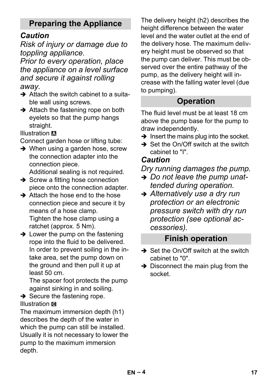 Preparing the appliance operation finish operation, Caution dry running damages the pump | Karcher BP 6 Deep Well User Manual | Page 17 / 86