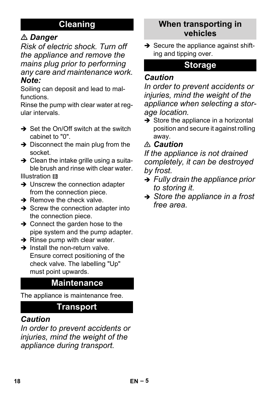 Cleaning maintenance transport, Storage, When transporting in vehicles | Karcher BP 6 Deep Well User Manual | Page 18 / 86