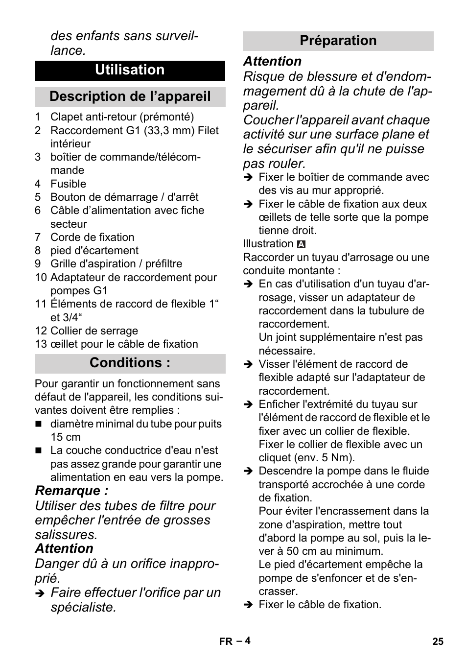 Utilisation, Description de l’appareil conditions : préparation, Des enfants sans surveil- lance | Karcher BP 6 Deep Well User Manual | Page 25 / 86