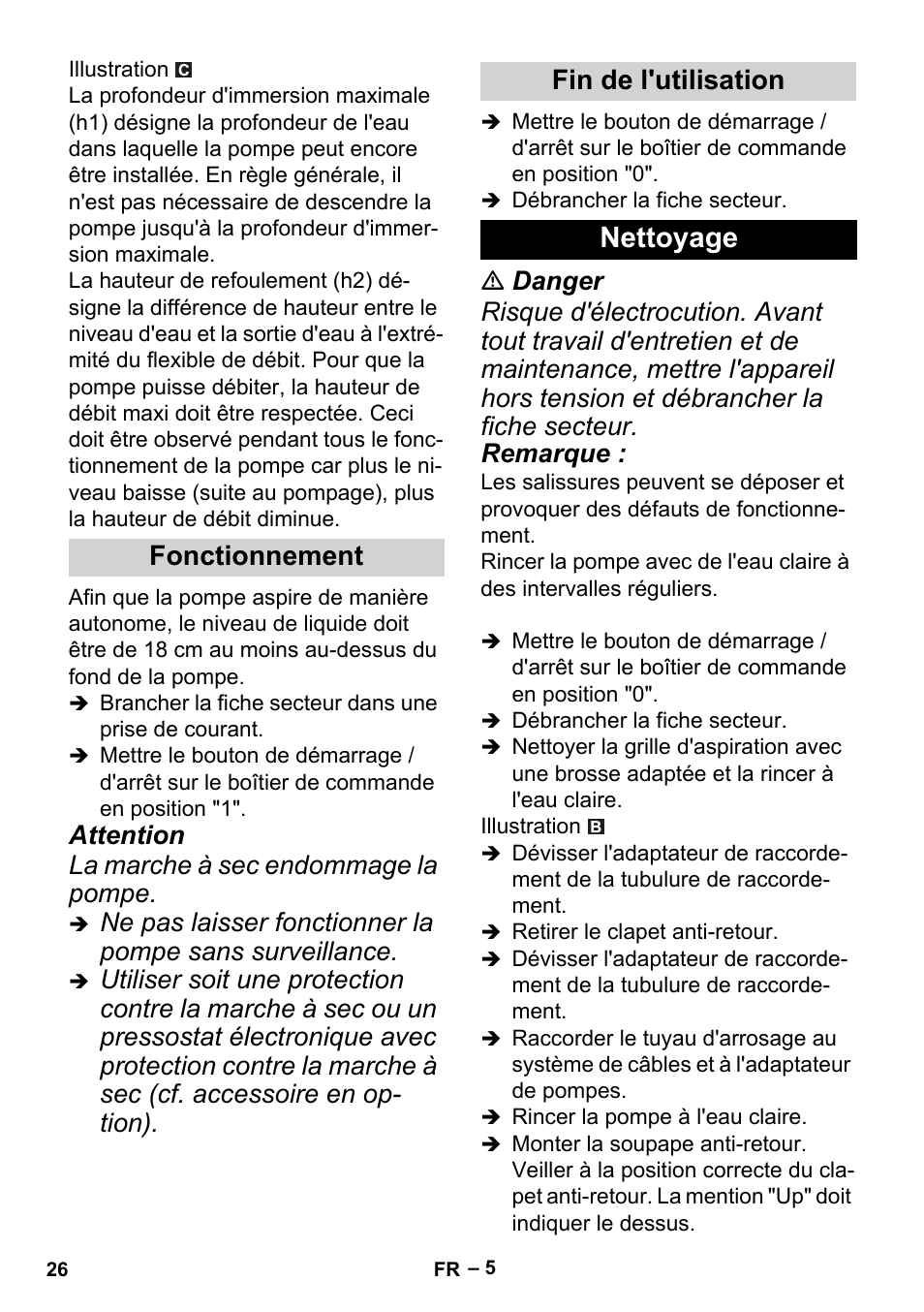 Nettoyage, Fonctionnement fin de l'utilisation, Attention la marche à sec endommage la pompe | Karcher BP 6 Deep Well User Manual | Page 26 / 86