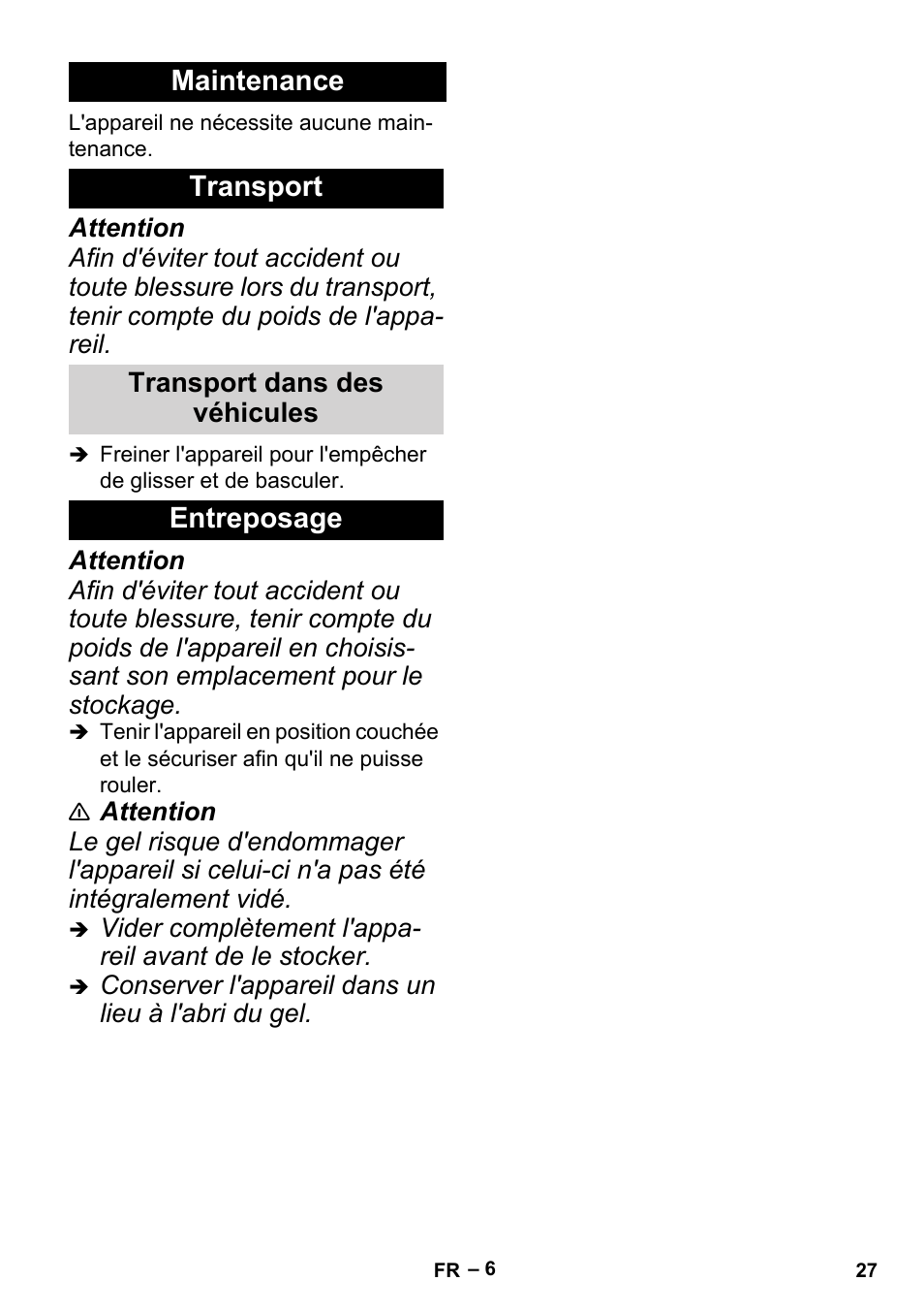 Maintenance transport, Entreposage | Karcher BP 6 Deep Well User Manual | Page 27 / 86