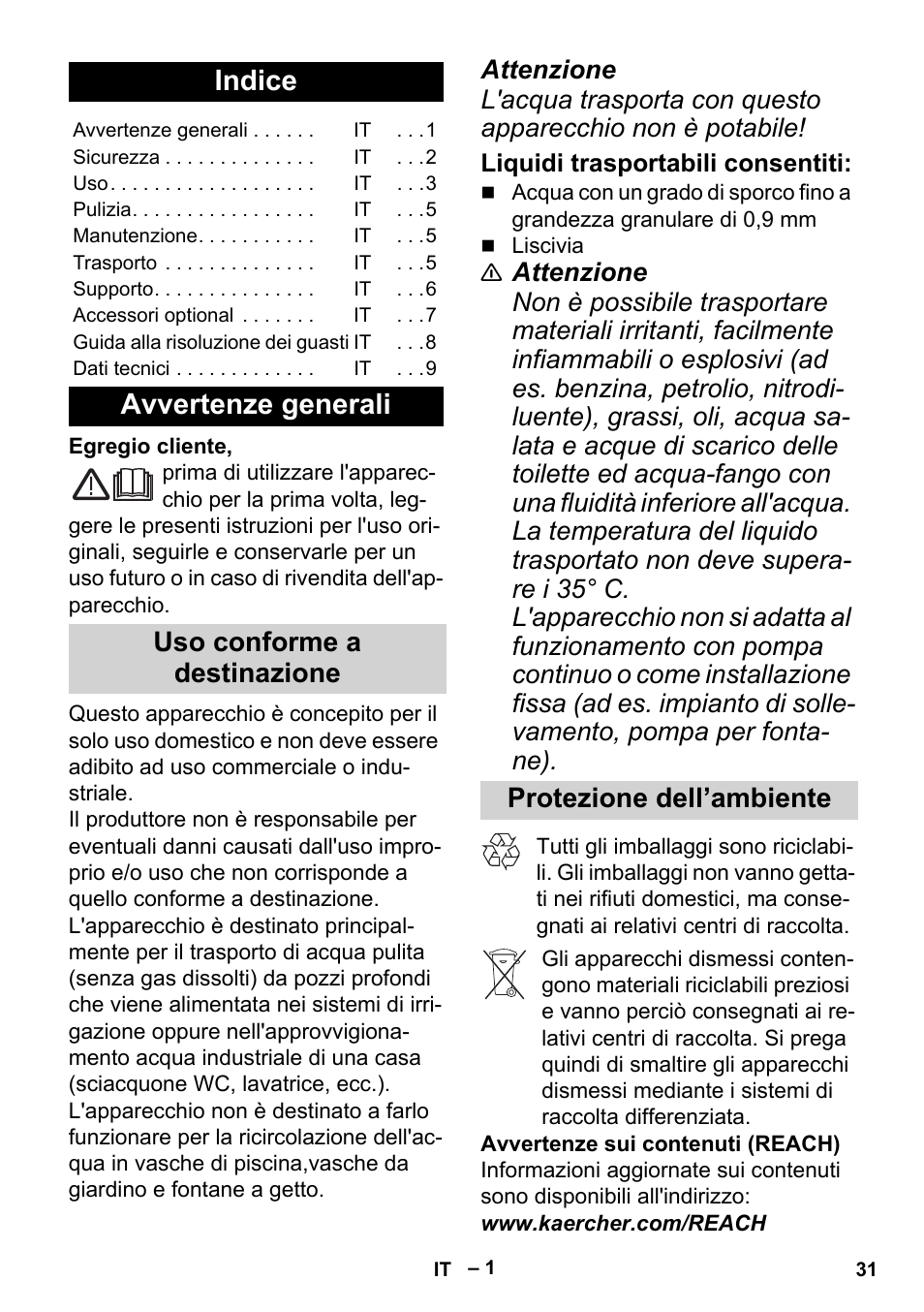 Italiano, Indice, Avvertenze generali | Uso conforme a destinazione, Protezione dell’ambiente | Karcher BP 6 Deep Well User Manual | Page 31 / 86