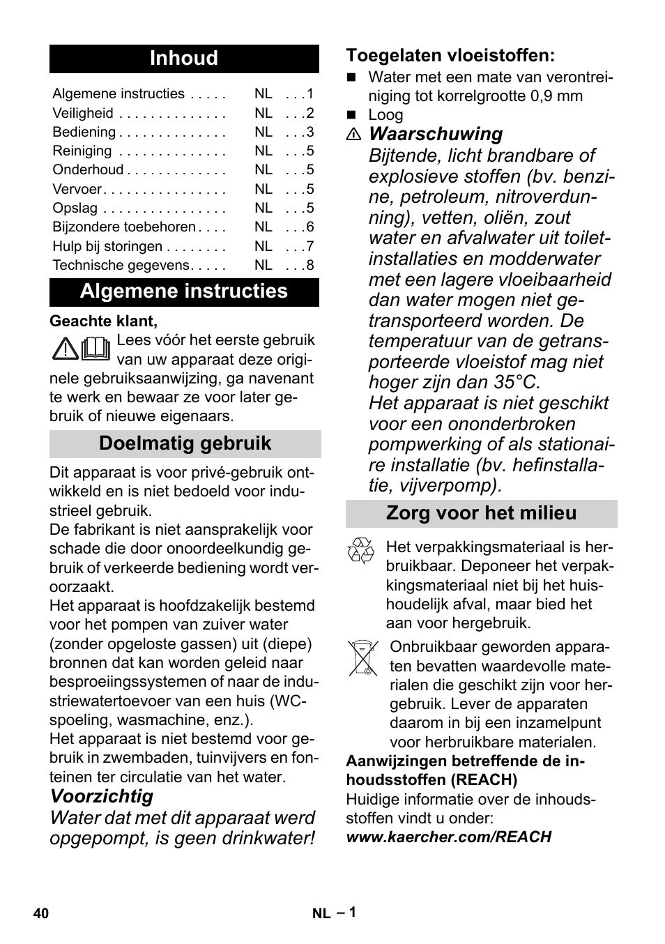 Nederlands, Inhoud, Algemene instructies | Doelmatig gebruik, Zorg voor het milieu | Karcher BP 6 Deep Well User Manual | Page 40 / 86
