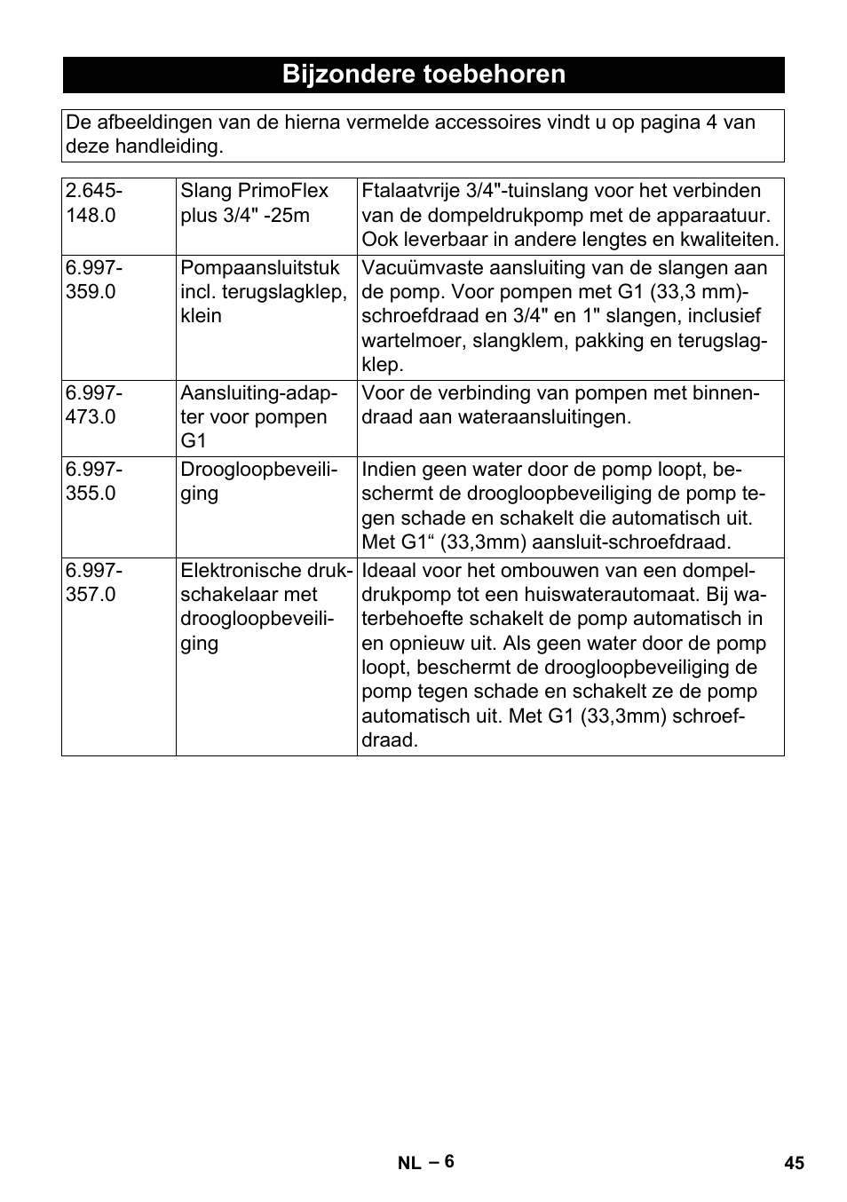 Bijzondere toebehoren | Karcher BP 6 Deep Well User Manual | Page 45 / 86