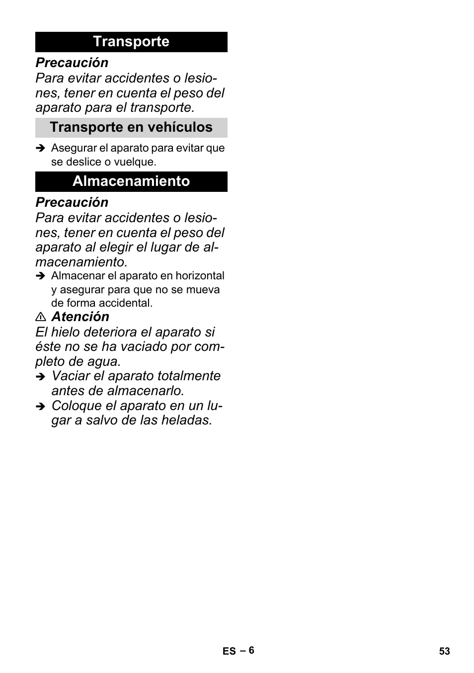 Transporte, Almacenamiento | Karcher BP 6 Deep Well User Manual | Page 53 / 86