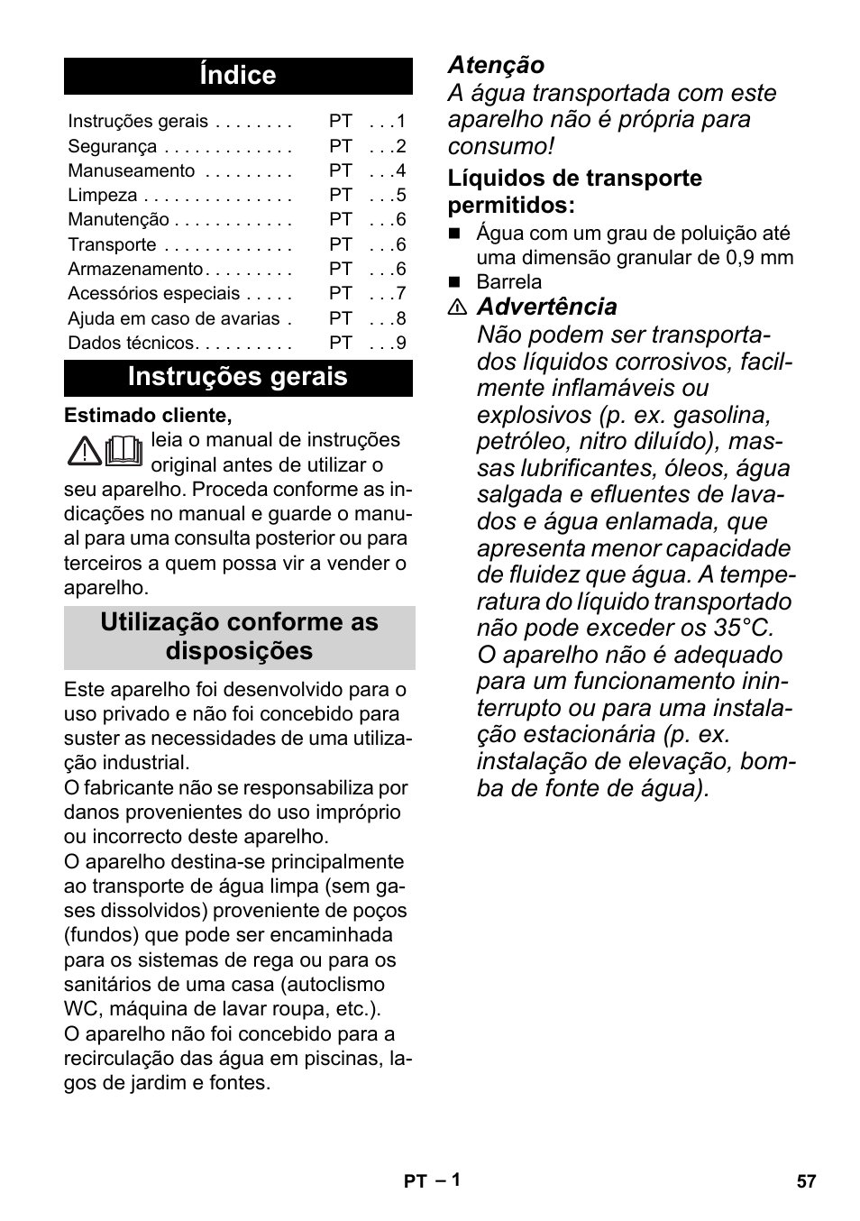 Português, Índice, Instruções gerais | Utilização conforme as disposições | Karcher BP 6 Deep Well User Manual | Page 57 / 86