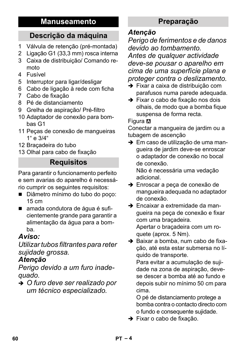 Manuseamento, Descrição da máquina requisitos preparação | Karcher BP 6 Deep Well User Manual | Page 60 / 86