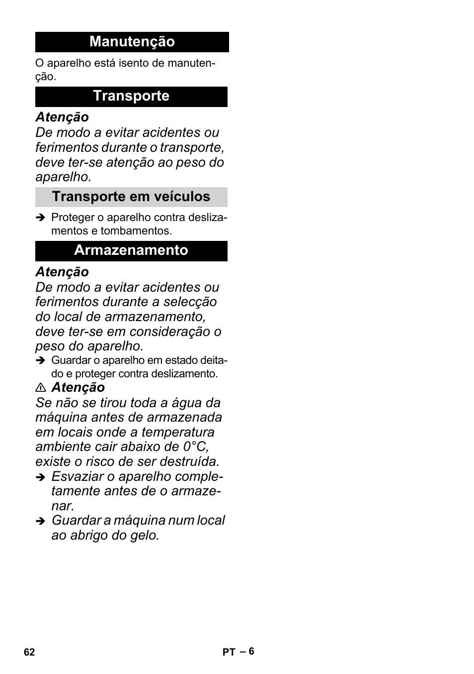 Manutenção transporte, Armazenamento | Karcher BP 6 Deep Well User Manual | Page 62 / 86