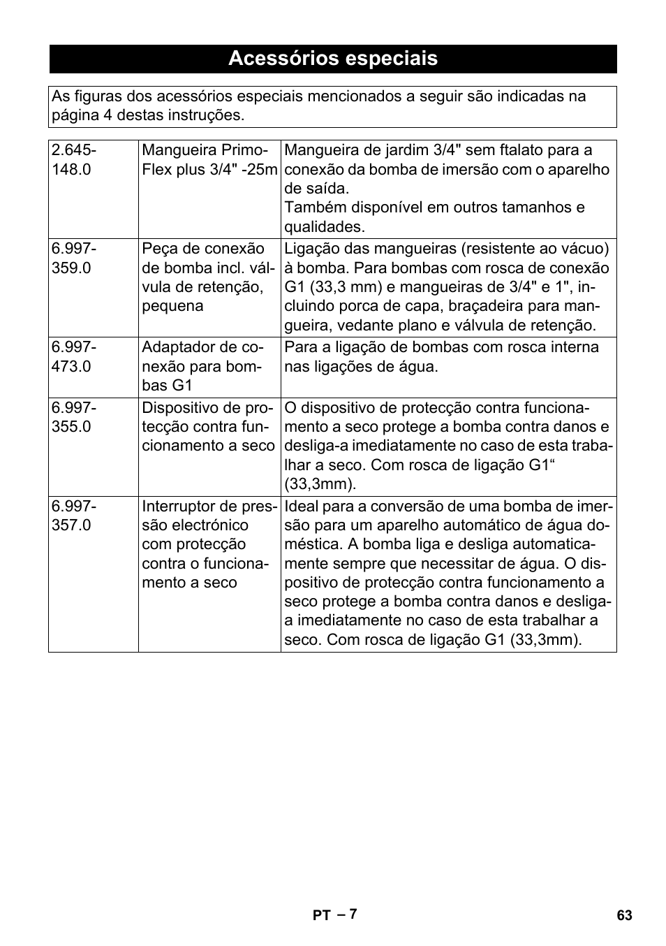 Acessórios especiais | Karcher BP 6 Deep Well User Manual | Page 63 / 86