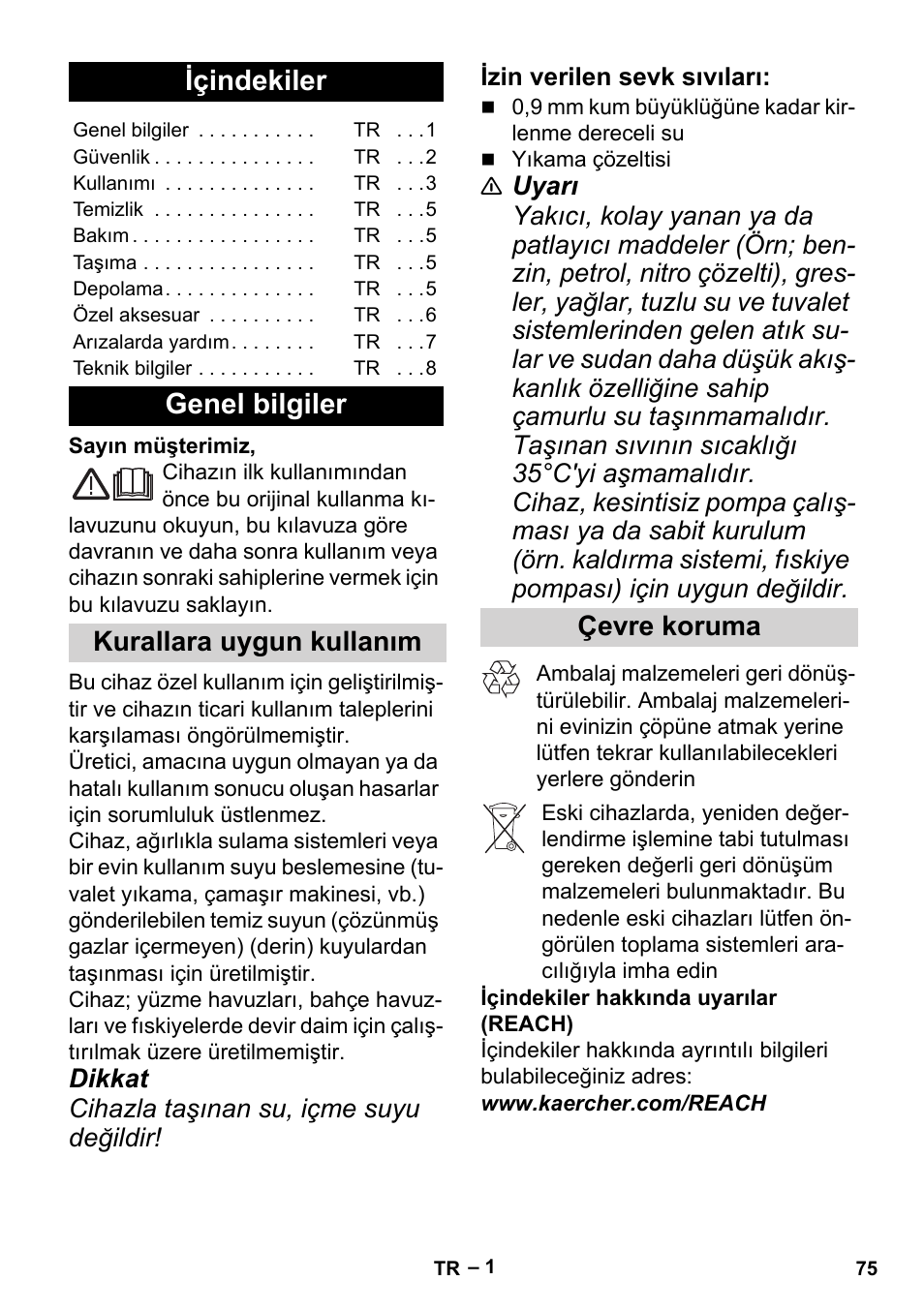 Türkçe, Içindekiler, Genel bilgiler | Kurallara uygun kullanım, Çevre koruma, Dikkat cihazla taşınan su, içme suyu değildir | Karcher BP 6 Deep Well User Manual | Page 75 / 86