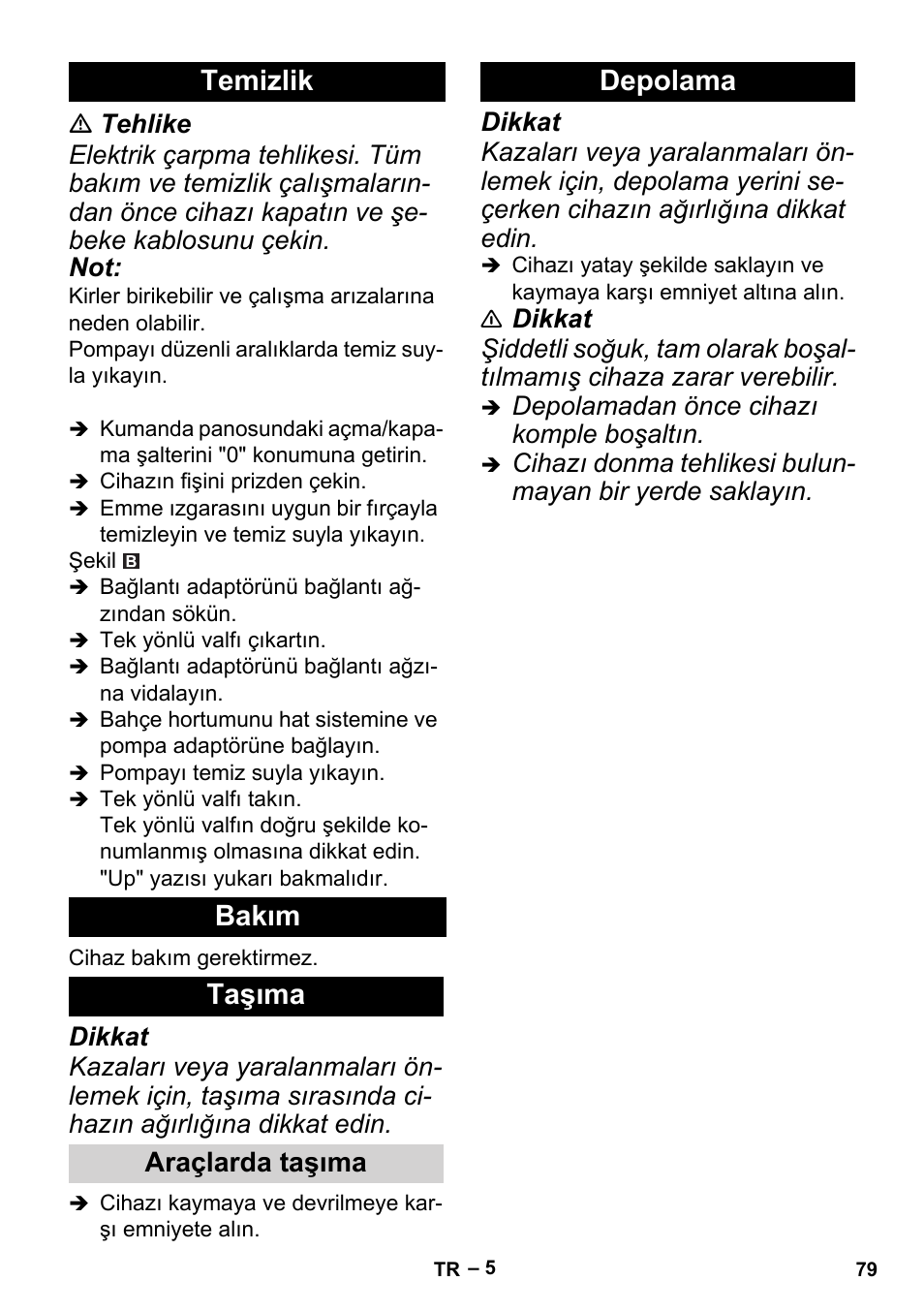 Temizlik bakım taşıma, Depolama, Araçlarda taşıma | Karcher BP 6 Deep Well User Manual | Page 79 / 86