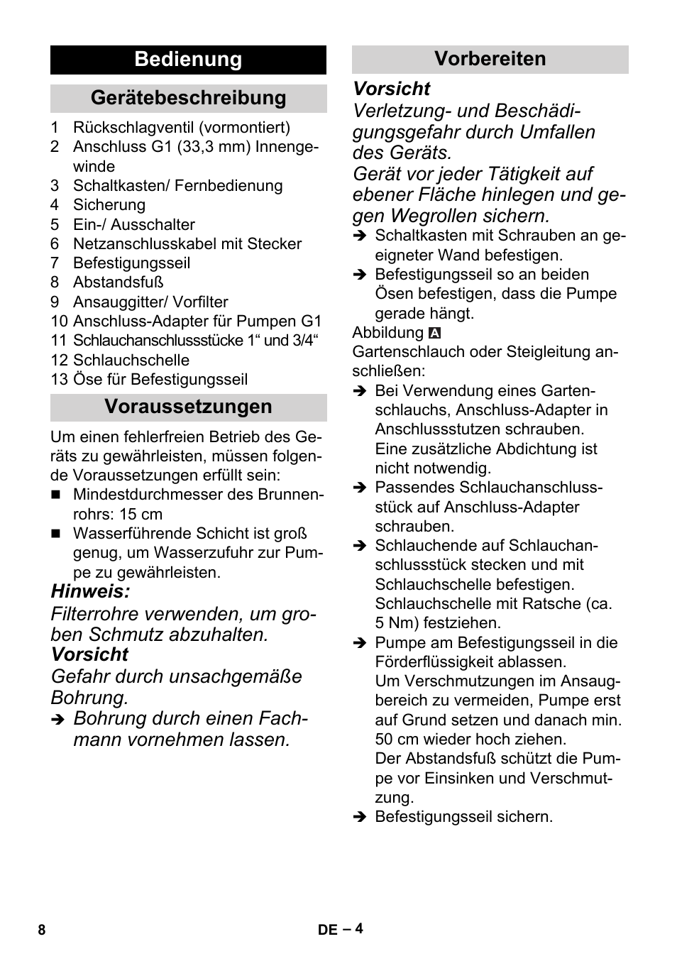 Bedienung, Gerätebeschreibung voraussetzungen vorbereiten | Karcher BP 6 Deep Well User Manual | Page 8 / 86