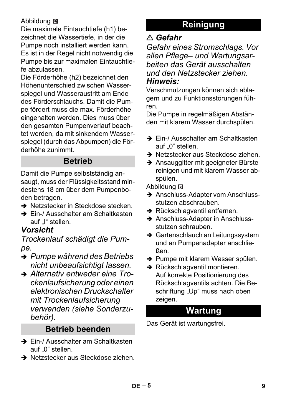 Reinigung wartung, Betrieb betrieb beenden, Vorsicht trockenlauf schädigt die pum- pe | Karcher BP 6 Deep Well User Manual | Page 9 / 86
