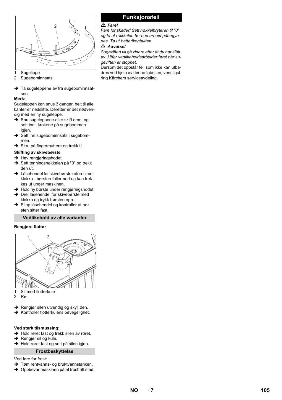 Skifting av skivebørste, Vedlikehold av alle varianter, Rengjøre flottør | Frostbeskyttelse, Funksjonsfeil | Karcher BD 50-40 RS Bp Pack User Manual | Page 105 / 336