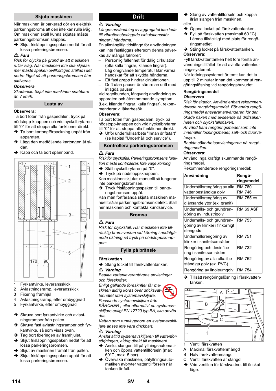 Skjuta maskinen, Lasta av, Drift | Kontrollera parkeringsbromsen, Bromsa, Fylla på bränsle, Färskvatten, Rengöringsmedel | Karcher BD 50-40 RS Bp Pack User Manual | Page 114 / 336
