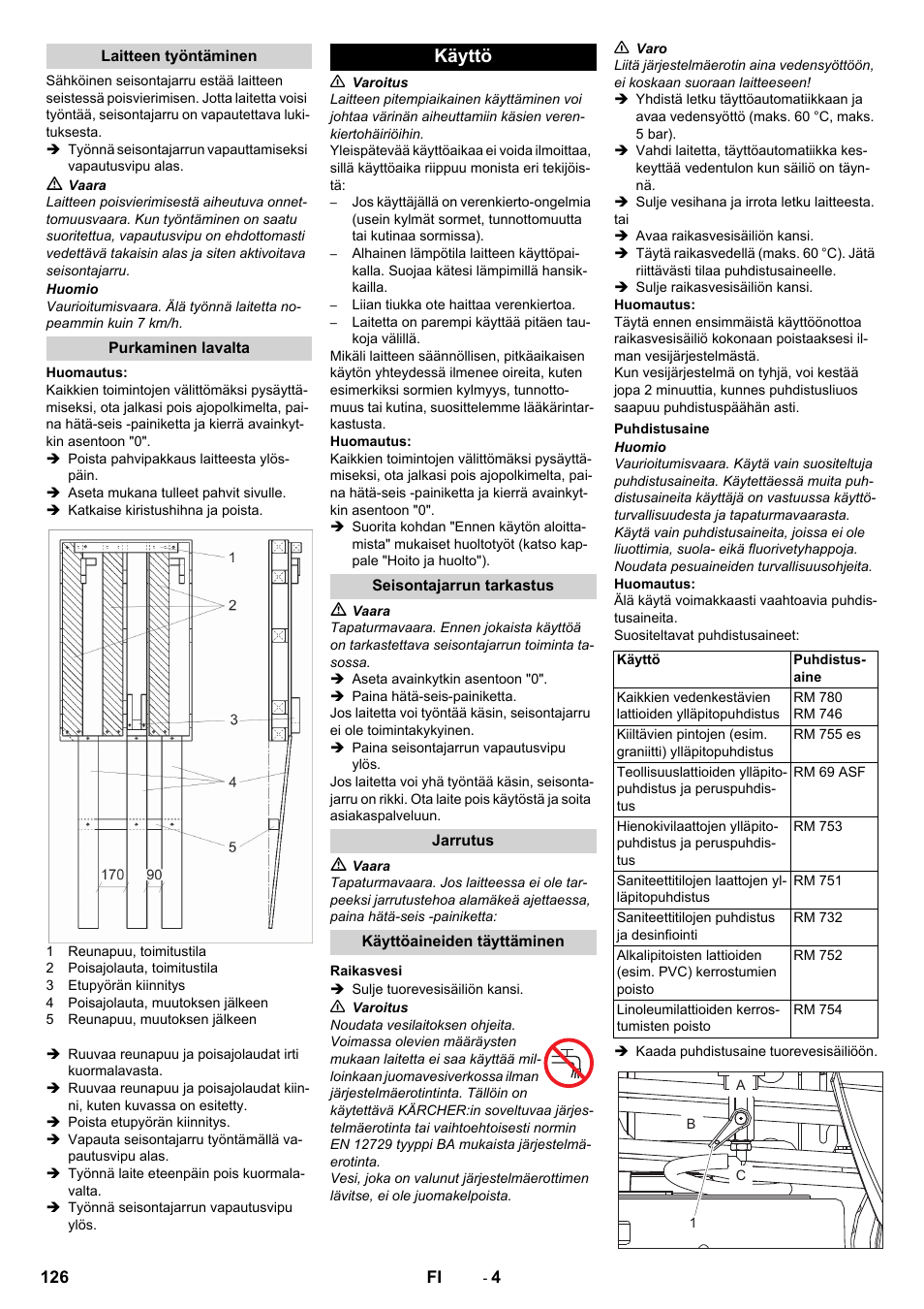 Laitteen työntäminen, Purkaminen lavalta, Käyttö | Seisontajarrun tarkastus, Jarrutus, Käyttöaineiden täyttäminen, Raikasvesi, Puhdistusaine | Karcher BD 50-40 RS Bp Pack User Manual | Page 126 / 336