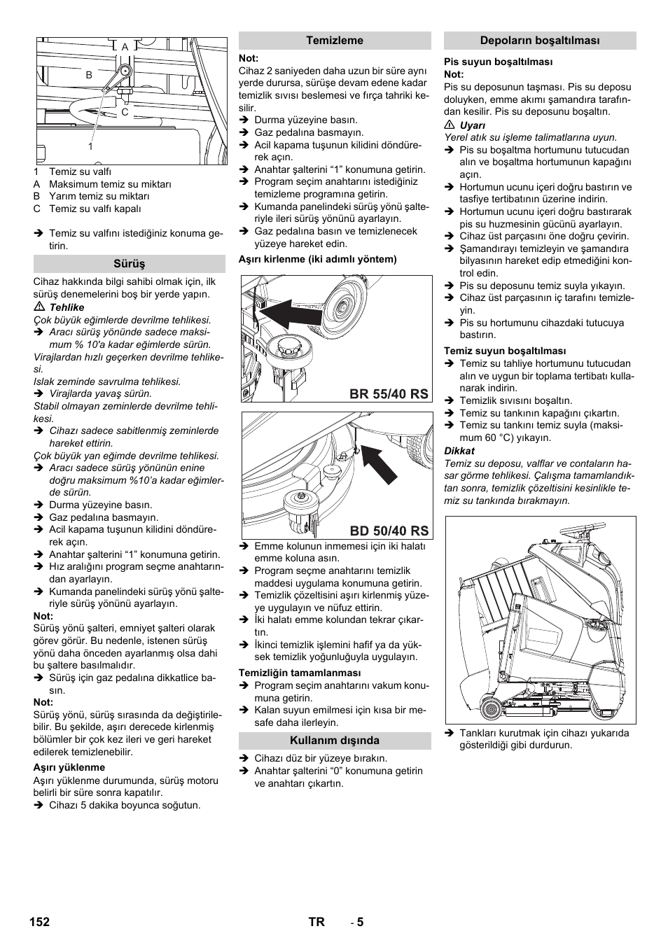 Sürüş, Aşırı yüklenme, Temizleme | Aşırı kirlenme (iki adımlı yöntem), Temizliğin tamamlanması, Kullanım dışında, Depoların boşaltılması, Pis suyun boşaltılması, Temiz suyun boşaltılması | Karcher BD 50-40 RS Bp Pack User Manual | Page 152 / 336