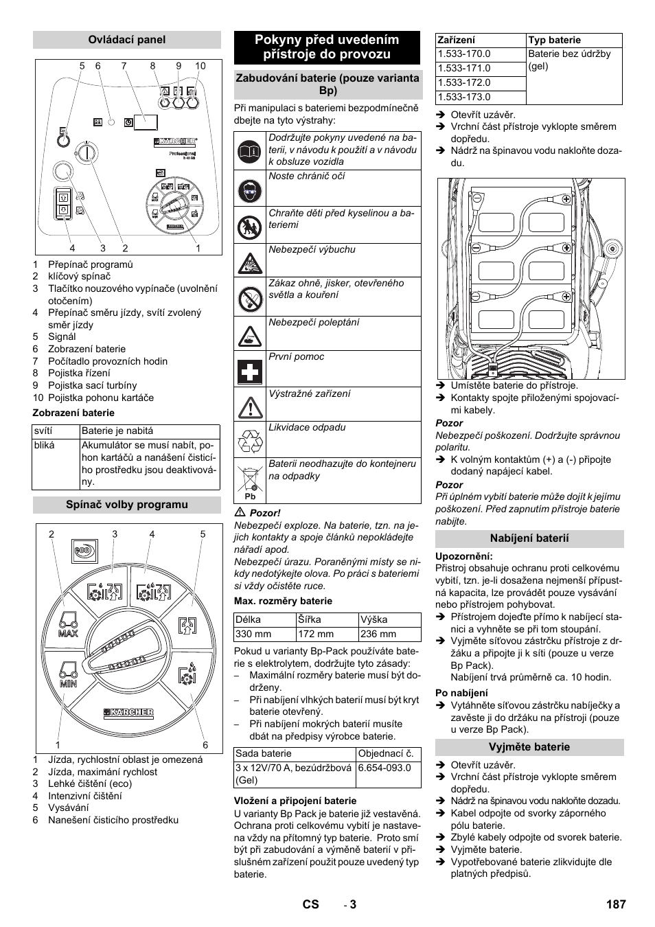 Ovládací panel, Zobrazení baterie, Spínač volby programu | Pokyny před uvedením přístroje do provozu, Zabudování baterie (pouze varianta bp), Max. rozměry baterie, Vložení a připojení baterie, Nabíjení baterií, Po nabíjení, Vyjměte baterie | Karcher BD 50-40 RS Bp Pack User Manual | Page 187 / 336