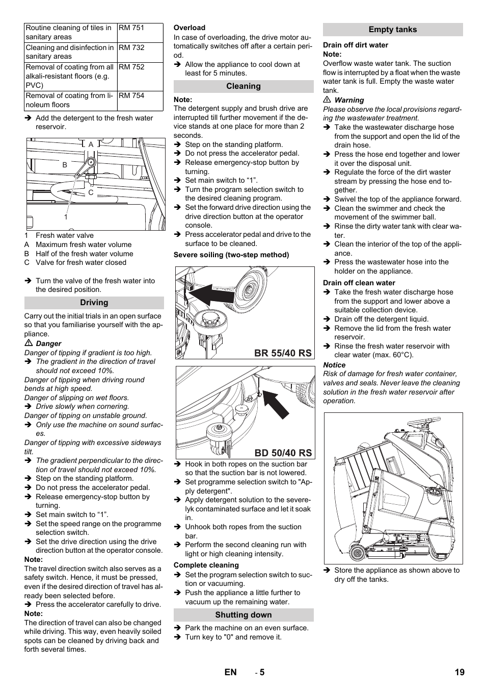 Driving, Overload, Cleaning | Severe soiling (two-step method), Complete cleaning, Shutting down, Empty tanks, Drain off dirt water, Drain off clean water | Karcher BD 50-40 RS Bp Pack User Manual | Page 19 / 336