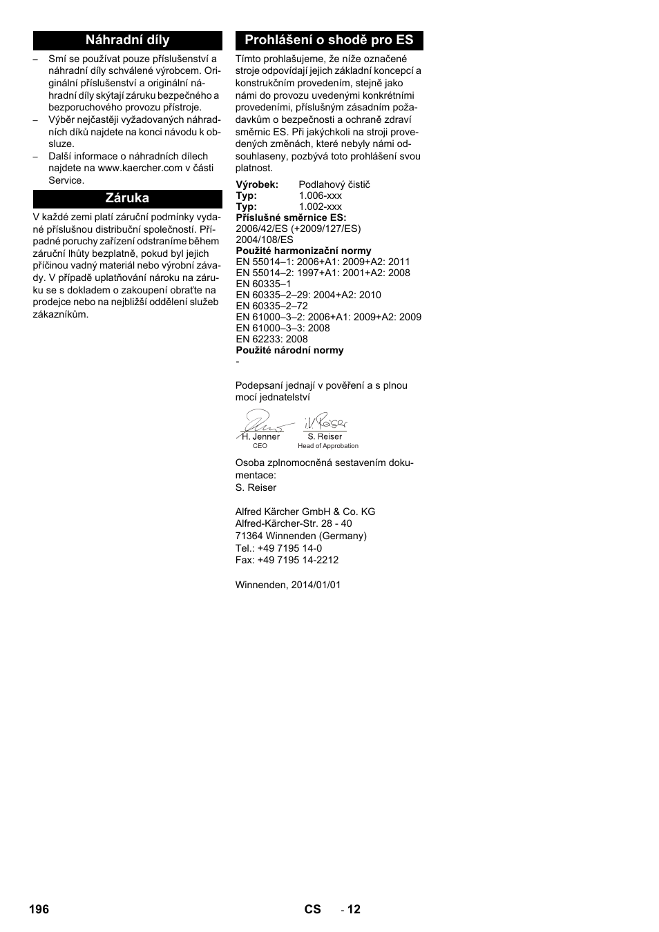 Náhradní díly, Záruka, Prohlášení o shodě pro es | Náhradní díly záruka prohlášení o shodě pro es | Karcher BD 50-40 RS Bp Pack User Manual | Page 196 / 336