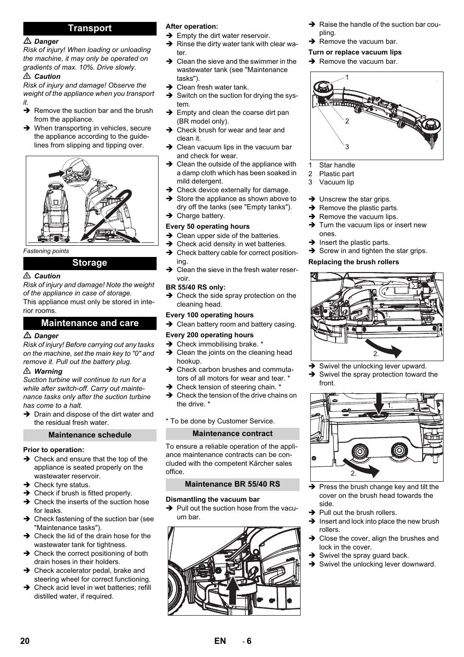 Transport, Storage, Maintenance and care | Maintenance schedule, Prior to operation, After operation, Every 50 operating hours, Every 100 operating hours, Every 200 operating hours, Maintenance contract | Karcher BD 50-40 RS Bp Pack User Manual | Page 20 / 336