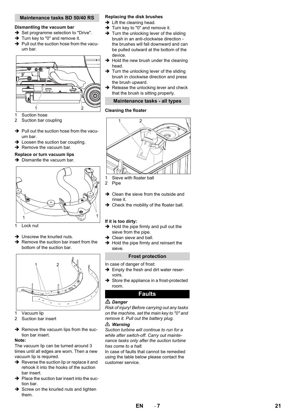 Maintenance tasks bd 50/40 rs, Dismantling the vacuum bar, Replace or turn vacuum lips | Replacing the disk brushes, Maintenance tasks - all types, Cleaning the floater, Frost protection, Faults | Karcher BD 50-40 RS Bp Pack User Manual | Page 21 / 336