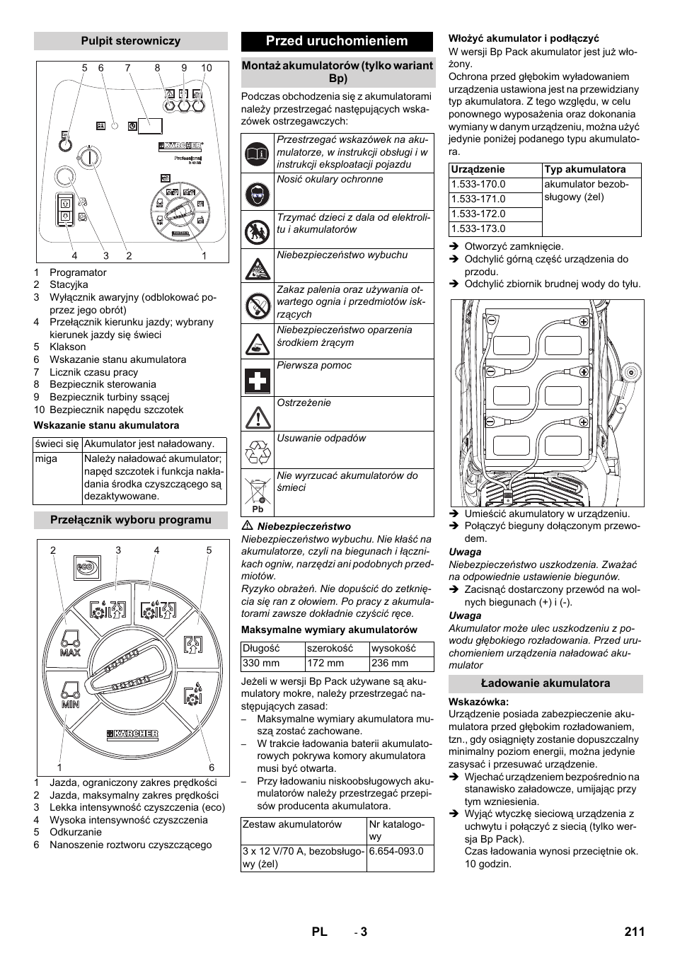 Pulpit sterowniczy, Wskazanie stanu akumulatora, Przełącznik wyboru programu | Przed uruchomieniem, Montaż akumulatorów (tylko wariant bp), Maksymalne wymiary akumulatorów, Włożyć akumulator i podłączyć, Ładowanie akumulatora | Karcher BD 50-40 RS Bp Pack User Manual | Page 211 / 336